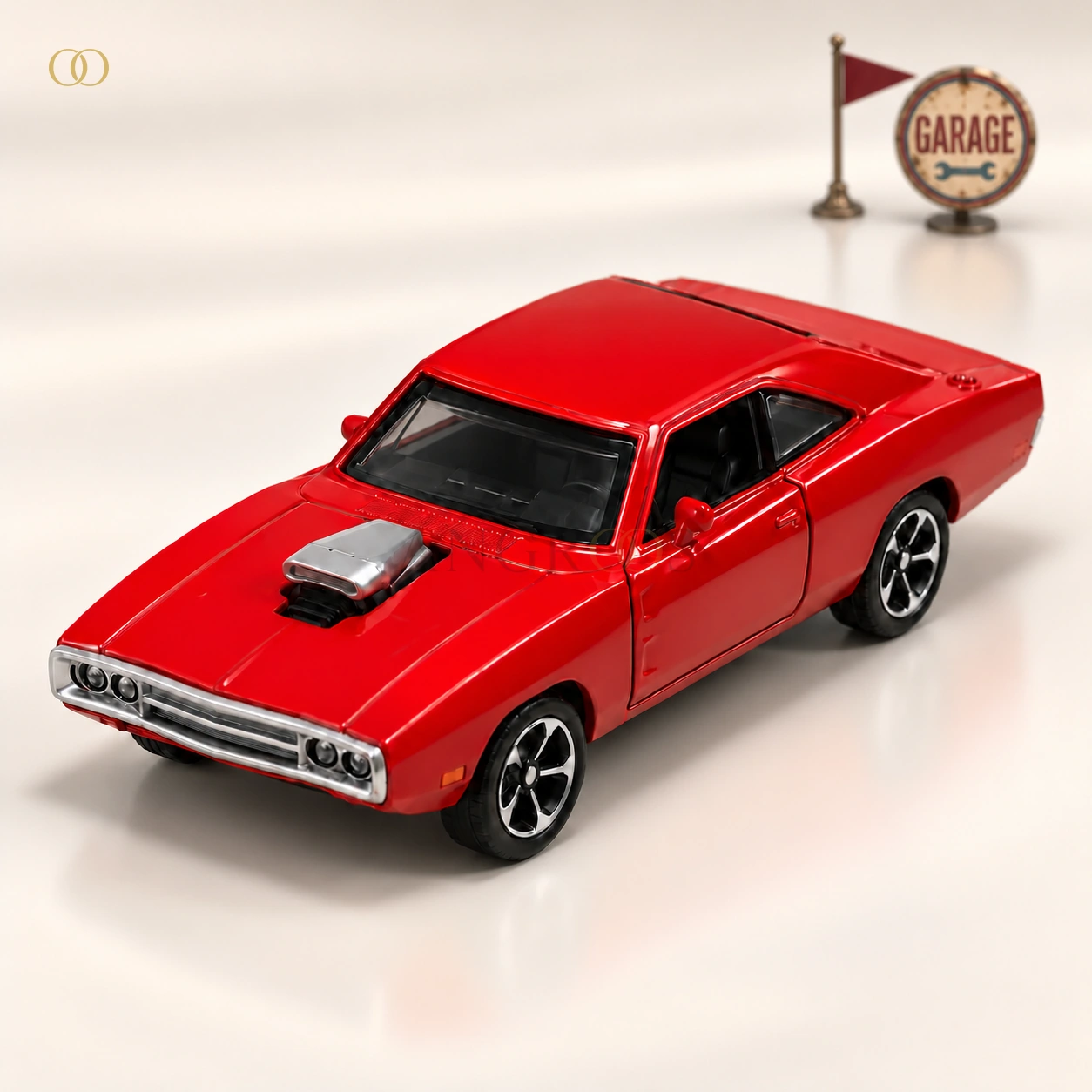 Red Vintage Muscle Car Die-Cast Model with Display Base — front three quarter