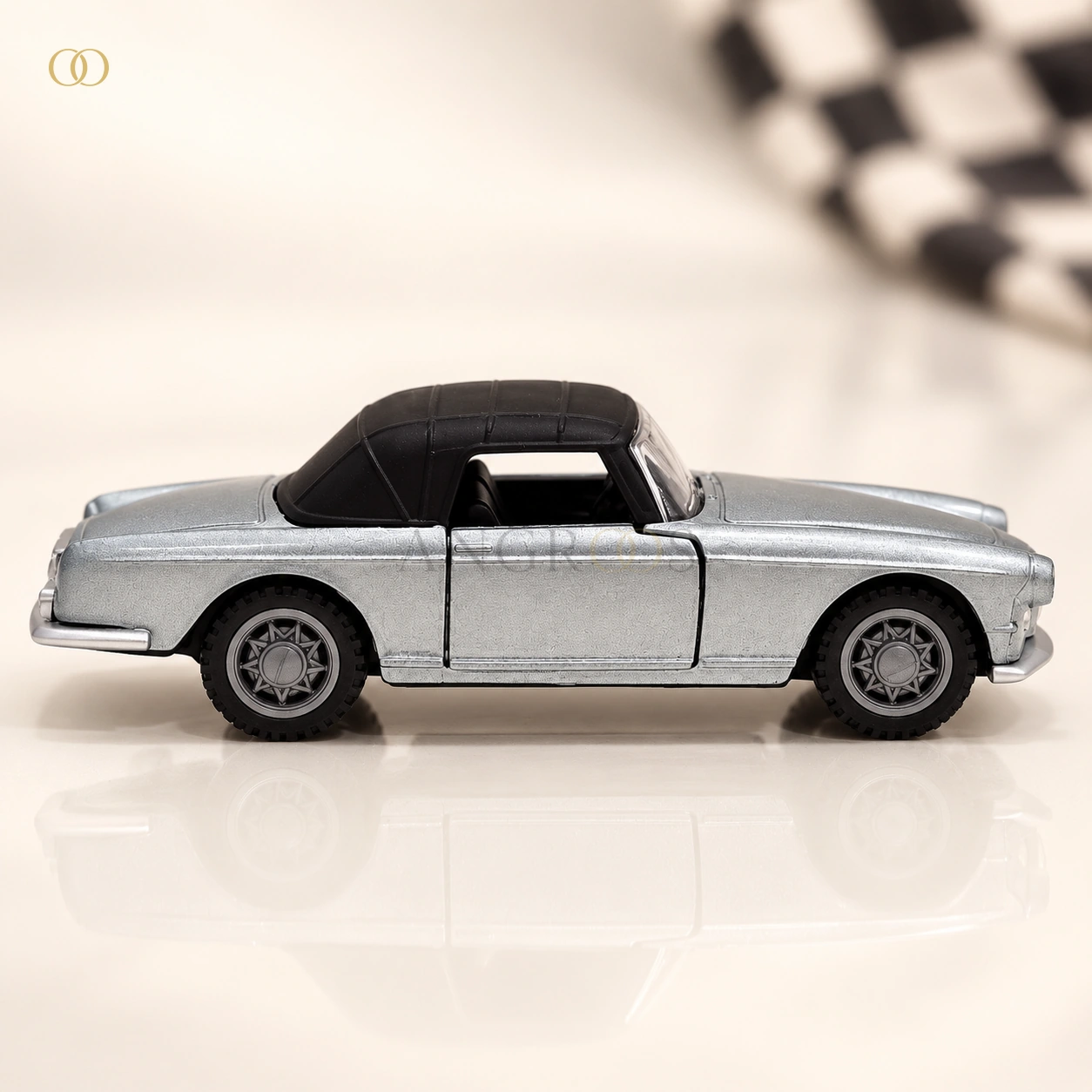 Silver Vintage Roadster Die-Cast Model Car with Black Hardtop — main no box