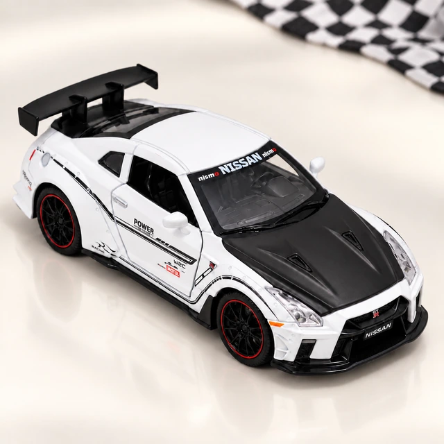 White GT-R-Style Die-Cast Model Car with Black Bonnet — front three quarter