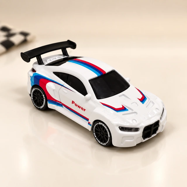 White Striped Remote-Control Model Car with Display Base — main front