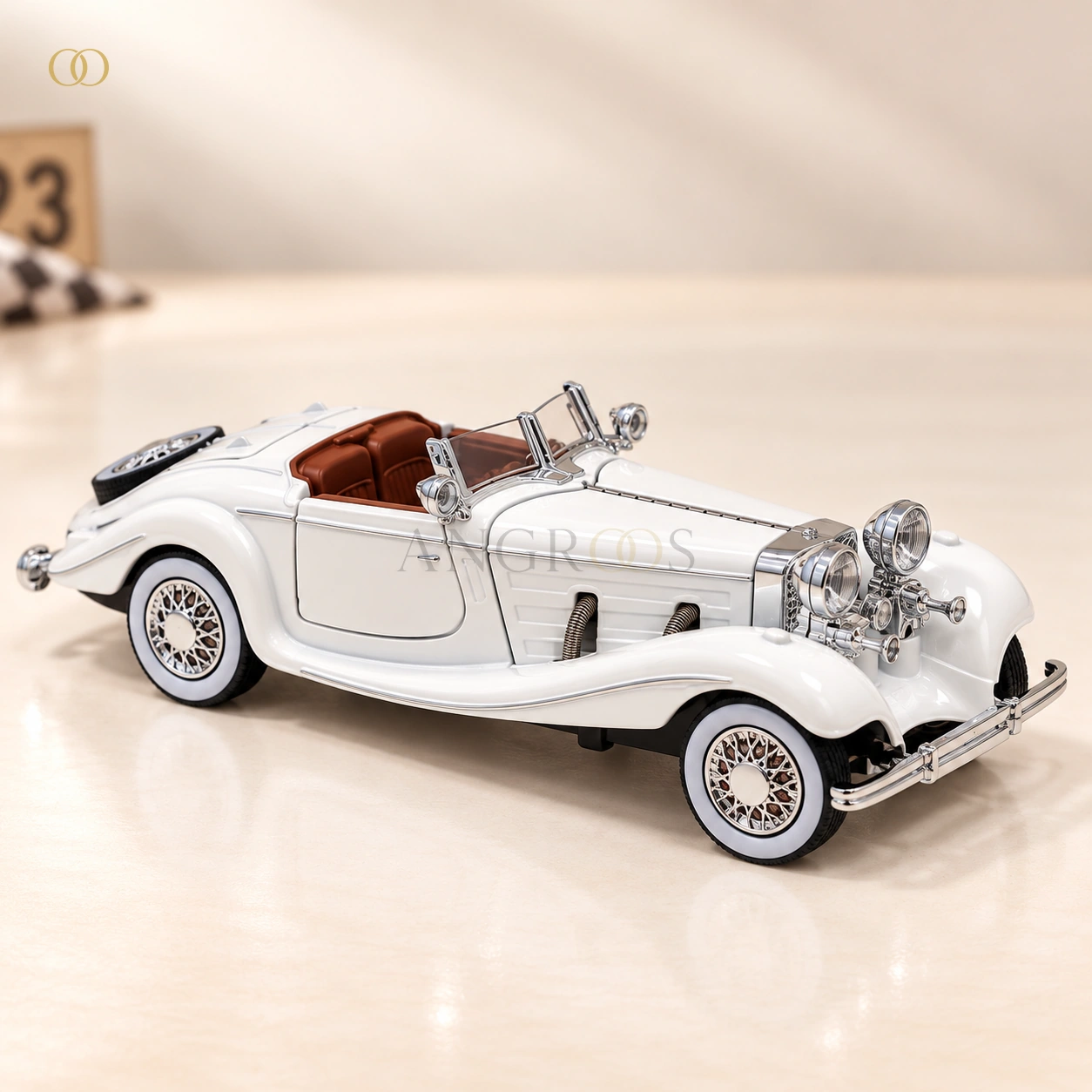 White Vintage Convertible Roadster Die-Cast Model — main front three quarter