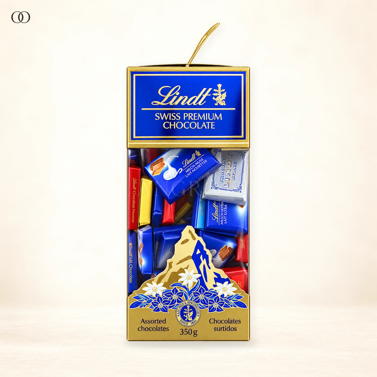 Front packaging of Lindt Swiss Premium Assorted Napolitains Chocolates Gift Box, 350 g (54 Pieces)