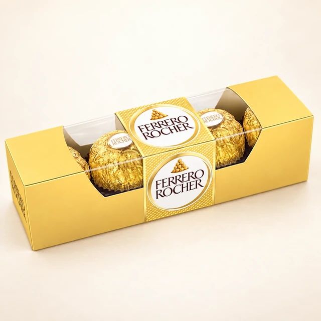 Front packaging of Ferrero Rocher Hazelnut and Milk Chocolate Sharing Pack, 4 Pieces, 50 g