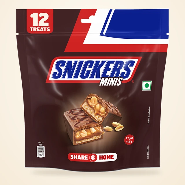 Front packaging of Snickers Minis Peanut, Nougat & Caramel Filled Milk Chocolate Bars, 138 g (12 Minis)