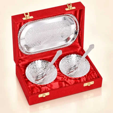 Aarna Silver-Plated Aluminium Two-Bowl Gift Set, presentation-box hero view