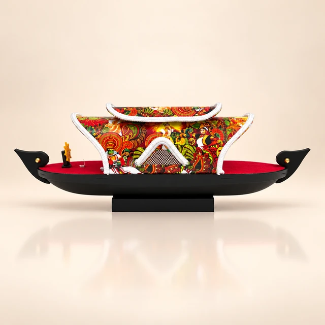Kerala Houseboat Showpiece with Colourful Mural Cabin, 14.5 Inches Long