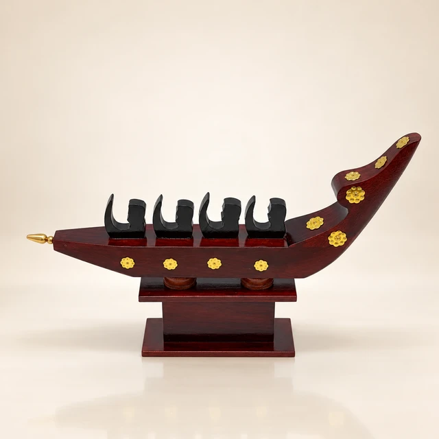 Mahogany Chundan Vallam Rower Boat on Display Base, 11 Inches Long · 4 Figures