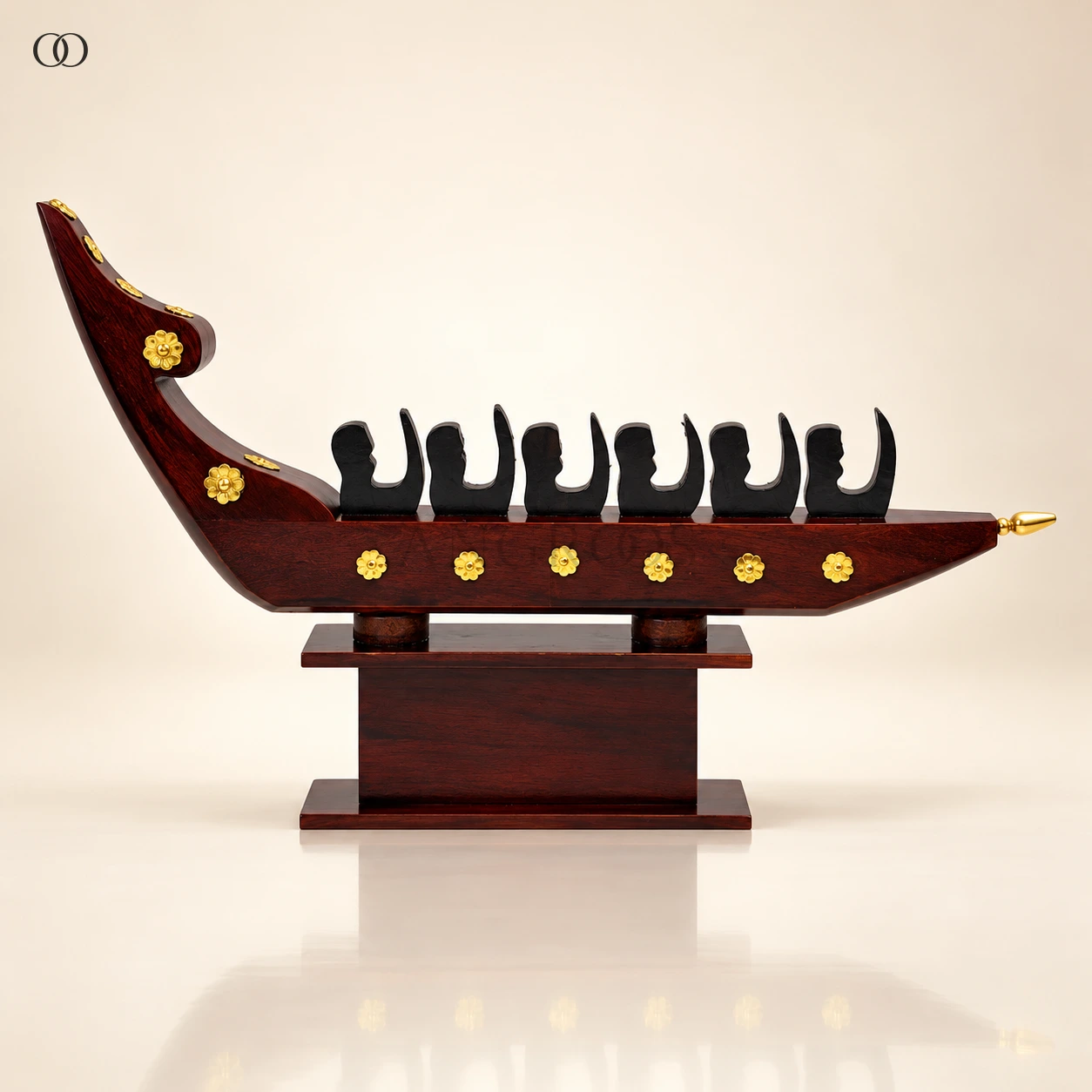Mahogany Chundan Vallam Rower Boat on Display Base, 13.5 Inches Long · 6 Figures — complete product