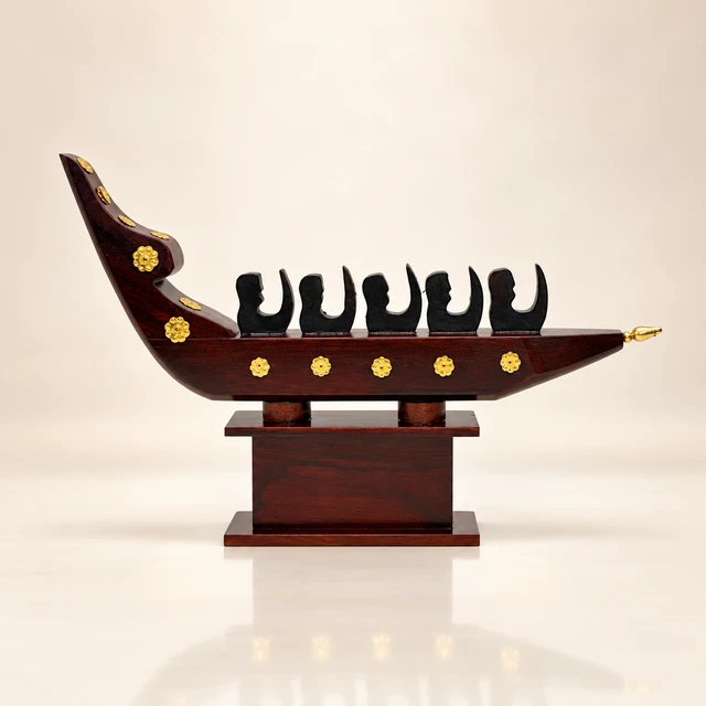 Mahogany Chundan Vallam Rower Boat on Display Base, 13 Inches Long · 5 Figures