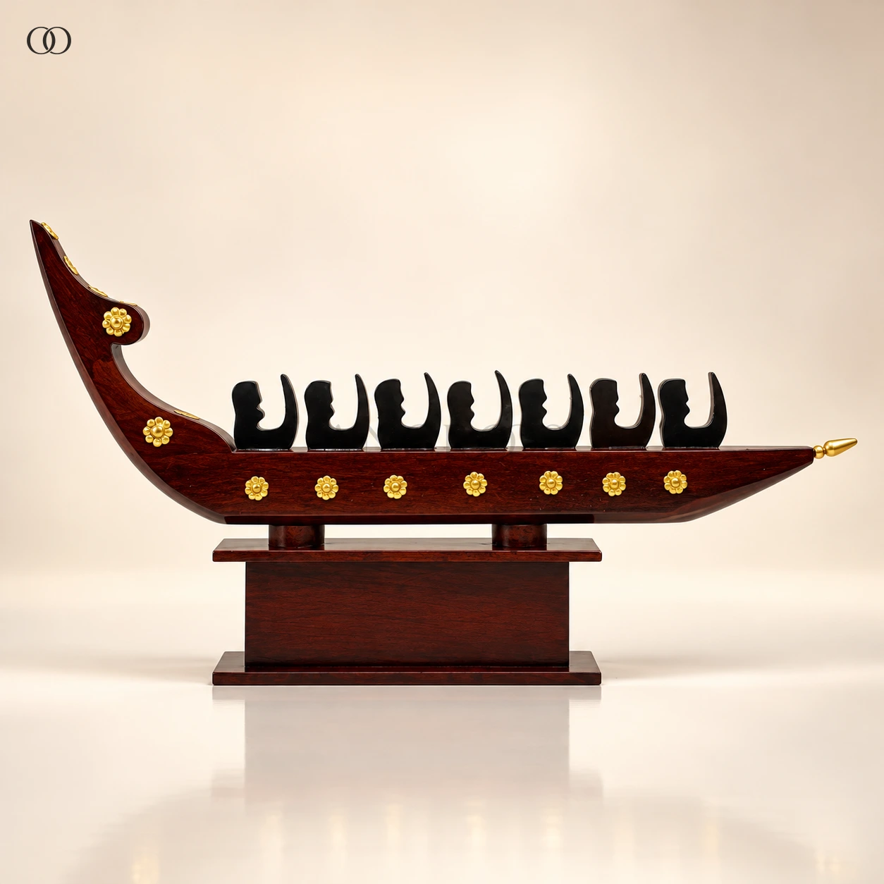 Mahogany Chundan Vallam Rower Boat on Display Base, 15.5 Inches Long · 7 Figures — complete product