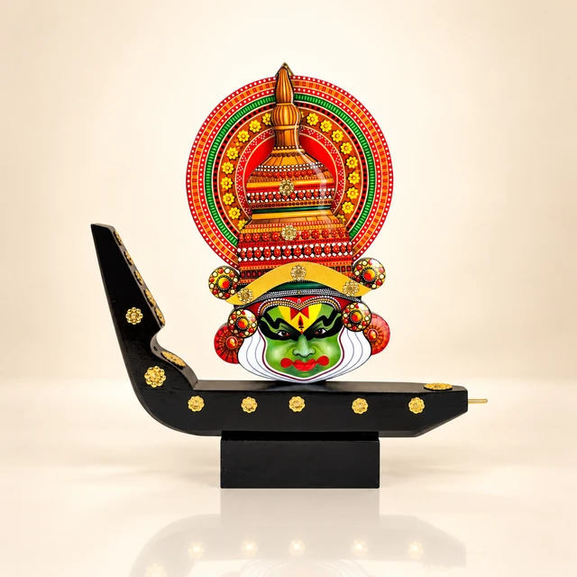 Mahogany Kathakali Face and Boat Table Showpiece, 11 Inches High