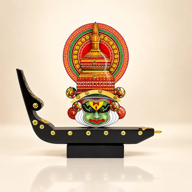 Mahogany Kathakali Face and Boat Table Showpiece, 13.5 Inches High