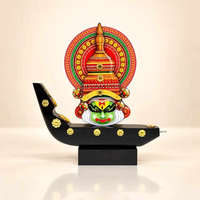 Mahogany Kathakali Face and Boat Table Showpiece, 9 Inches High