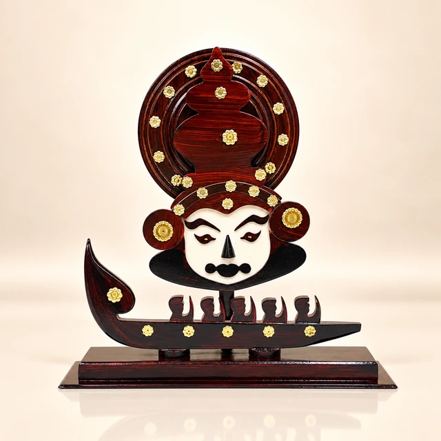 Mahogany Kathakali Face and Rower Boat Table Memento, 12.5 Inches High — complete product