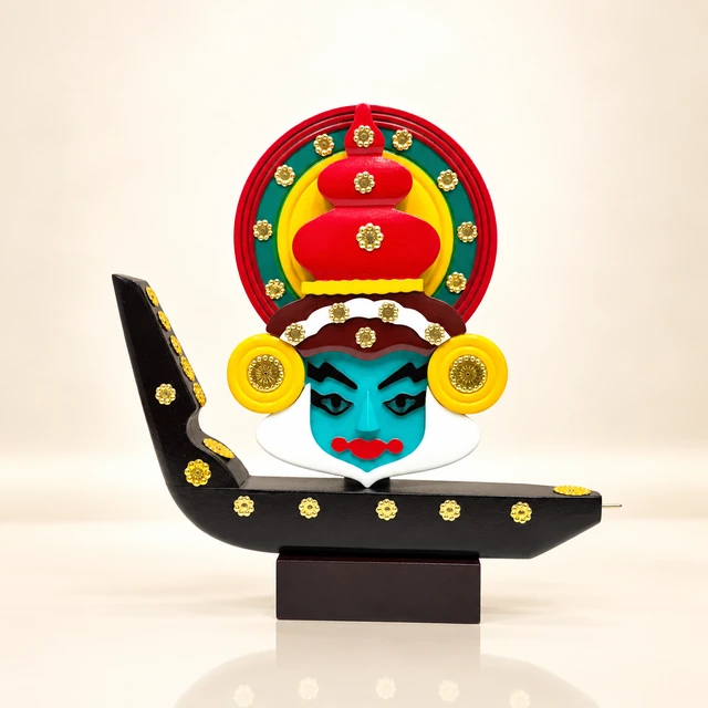 Mahogany Kathakali Face and Vallam Kali Boat Souvenir, 10 Inches High — complete product