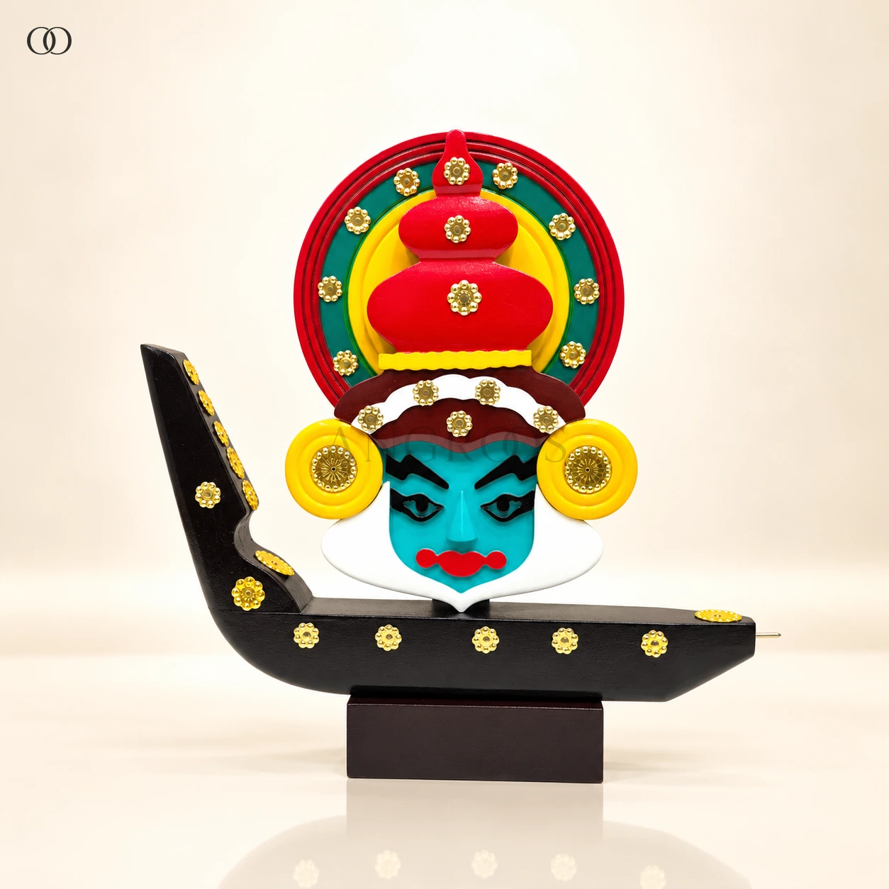 Mahogany Kathakali Face and Vallam Kali Boat Souvenir, 10 Inches High — complete product