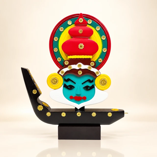 Mahogany Kathakali Face and Vallam Kali Boat Souvenir, 12 Inches High