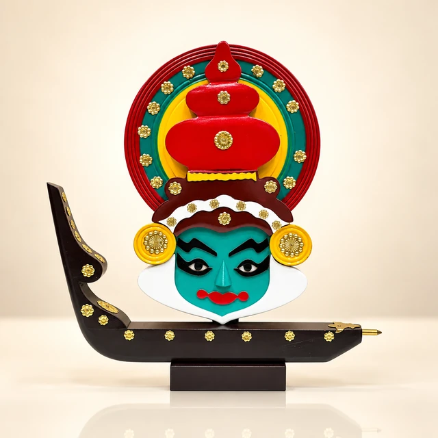 Mahogany Kathakali Face and Vallam Kali Boat Souvenir, 14.5 Inches High