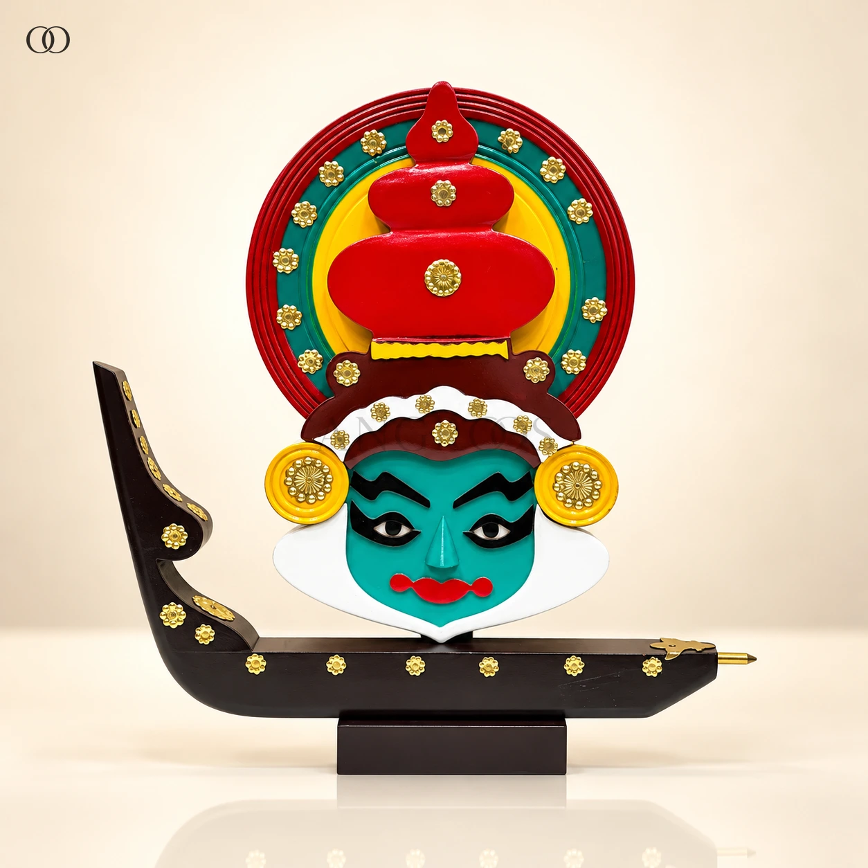 Mahogany Kathakali Face and Vallam Kali Boat Souvenir, 14.5 Inches High — complete product