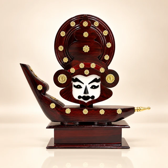 Mahogany Kathakali Face in Decorative Boat Table Stand, 11.5 Inches High — complete product