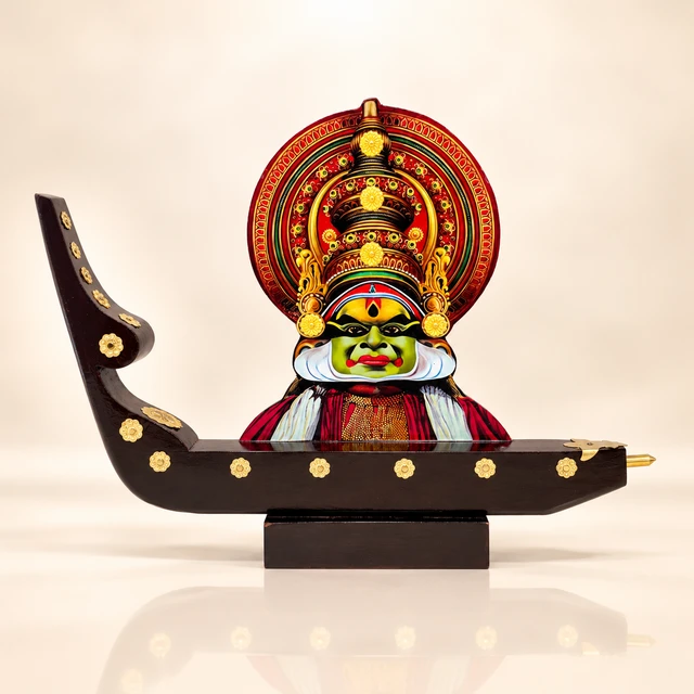 Mahogany Kathakali Head and Boat Display Memento, 10.9 Inches High — complete product