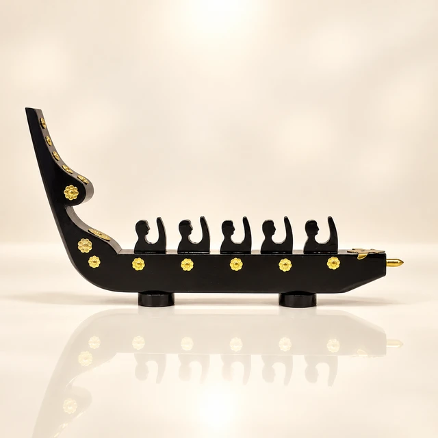 Mahogany Kerala Snake Boat Table Showpiece, 14.6 Inches Long · 5 Figures