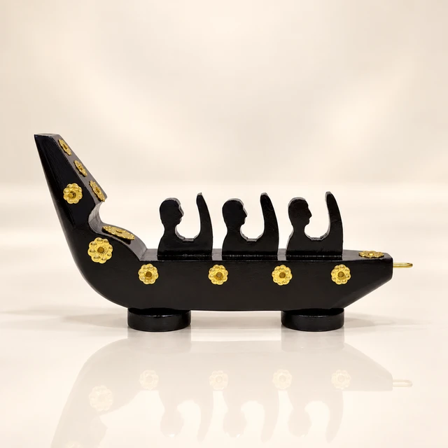 Mahogany Kerala Snake Boat Table Showpiece, 8.5 Inches Long · 3 Figures
