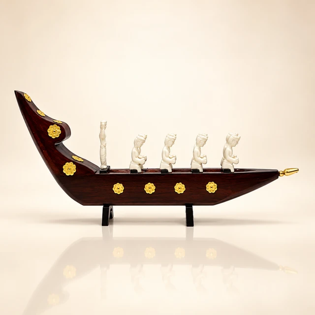 Mahogany Kerala Snake Boat with White Rower Figures, 11.5 Inches Long · 9 Figures