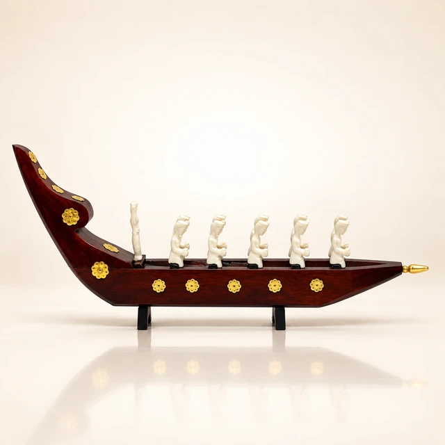 Mahogany Kerala Snake Boat with White Rower Figures, 12.5 Inches Long · 11 Figures