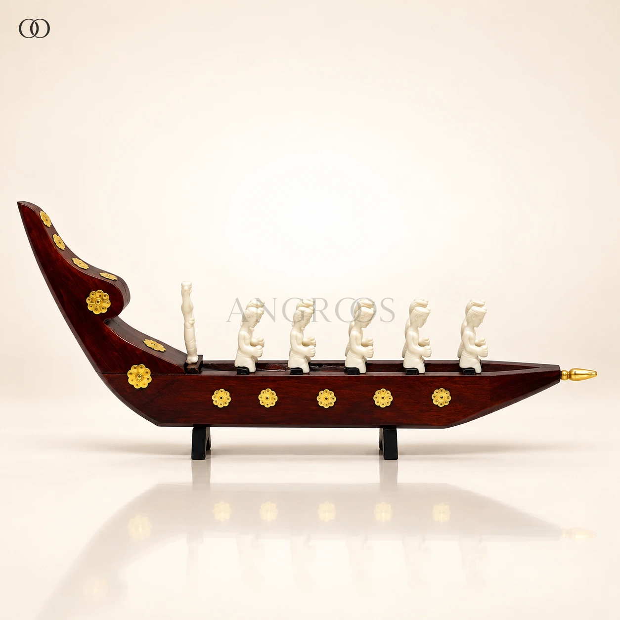 Mahogany Kerala Snake Boat with White Rower Figures, 12.5 Inches Long · 11 Figures — complete product