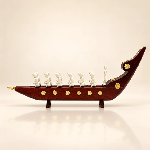 Mahogany Kerala Snake Boat with White Rower Figures, 14 Inches Long · 13 Figures