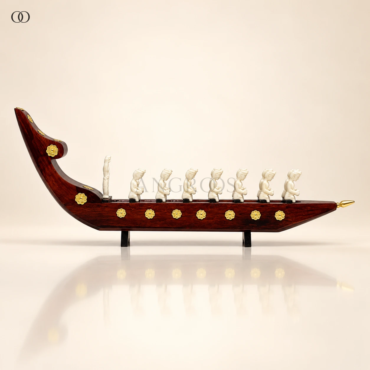 Mahogany Kerala Snake Boat with White Rower Figures, 15 Inches Long · 15 Figures — complete product