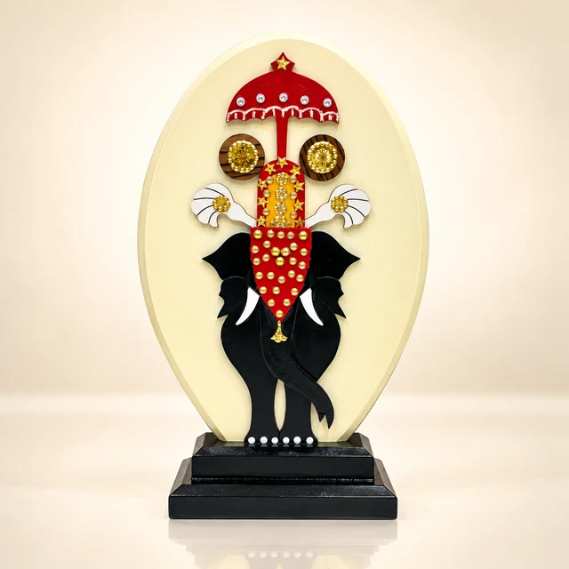 Mahogany Pooram Elephant Souvenir with Ceremonial Motifs, 11.5 Inches High — complete product