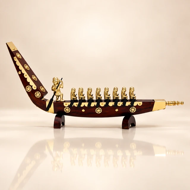 Mahogany Snake Boat with Gold-Tone Rower Figures, 15 Inches Long · 17 Figures