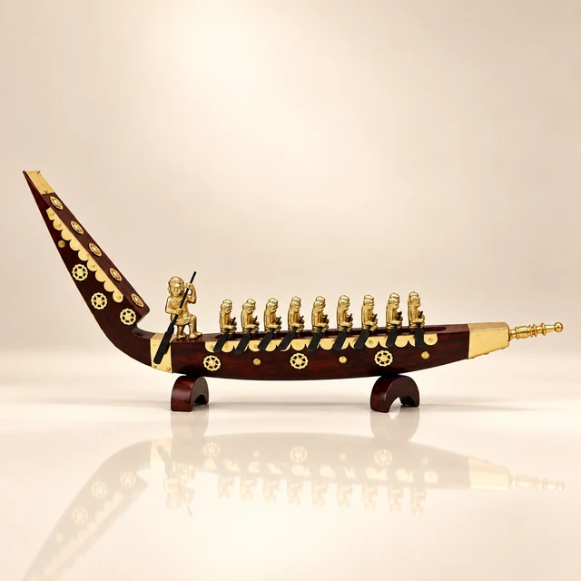Mahogany Snake Boat with Gold-Tone Rower Figures, 17 Inches Long · 19 Figures