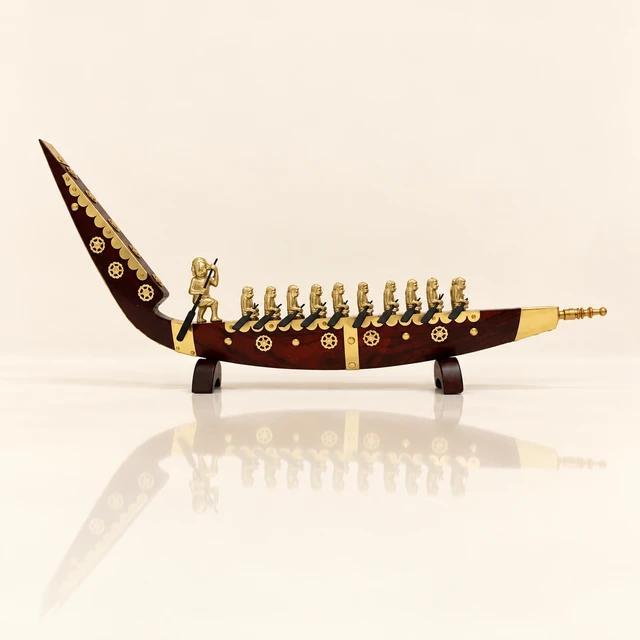 Mahogany Snake Boat with Gold-Tone Rower Figures, 18.5 Inches Long · 21 Figures