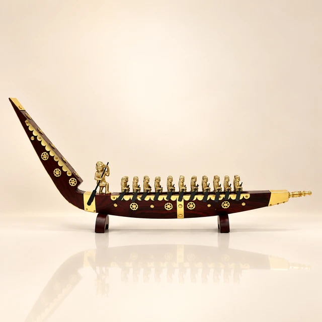 Mahogany Snake Boat with Gold-Tone Rower Figures, 20 Inches Long · 23 Figures