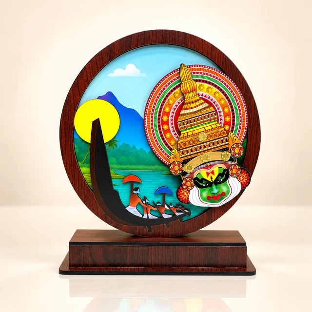 MDF Kathakali and Boat Round-Frame Scenic Showpiece, 10.5 Inches High