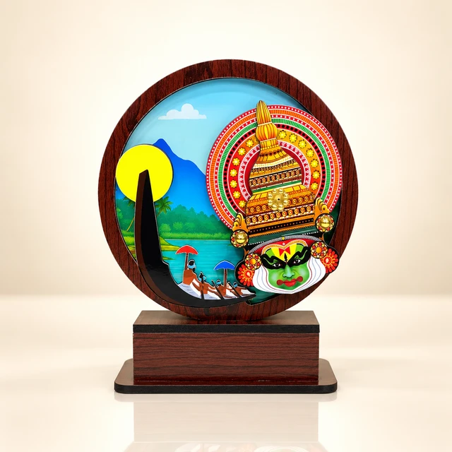 MDF Kathakali and Boat Round-Frame Scenic Showpiece, 6.2 Inches High