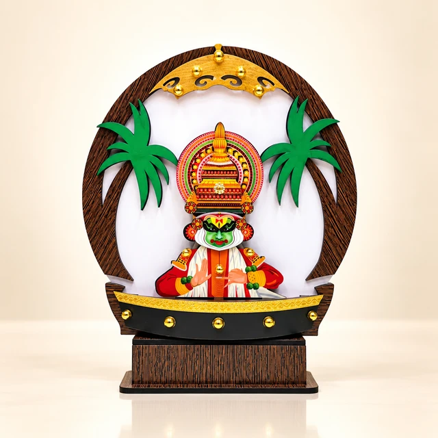 MDF Kathakali and Boat Showpiece with Palm-Grove Backdrop, 12.5 Inches High