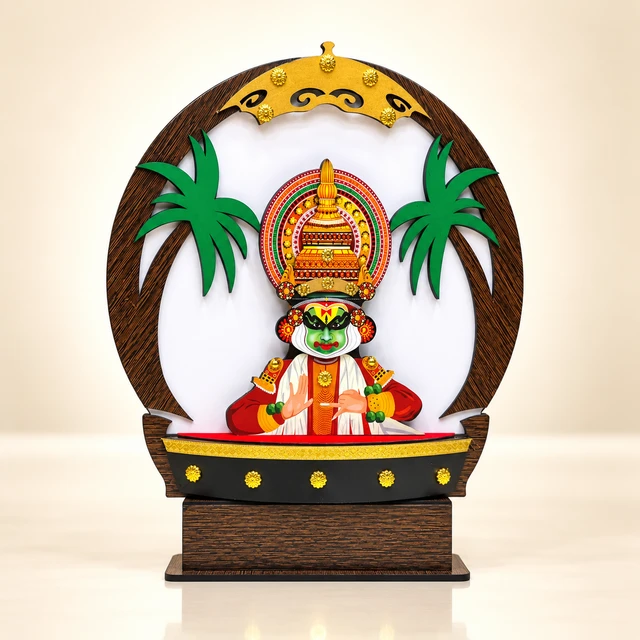 MDF Kathakali and Boat Showpiece with Palm-Grove Backdrop, 17 Inches High