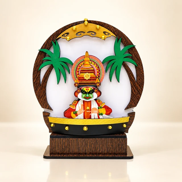 MDF Kathakali and Boat Showpiece with Palm-Grove Backdrop, 8.5 Inches High — complete product