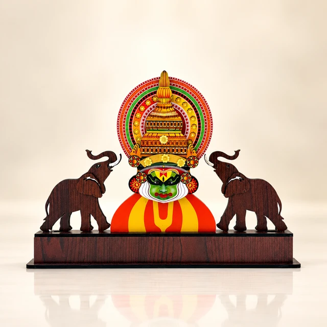 MDF Kathakali and Elephant Table Memento, 10 Inches High — complete product