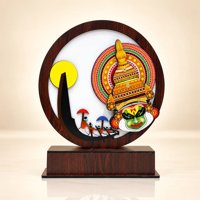 MDF Kathakali and Vallam Kali Round-Frame Souvenir, 13.8 Inches High