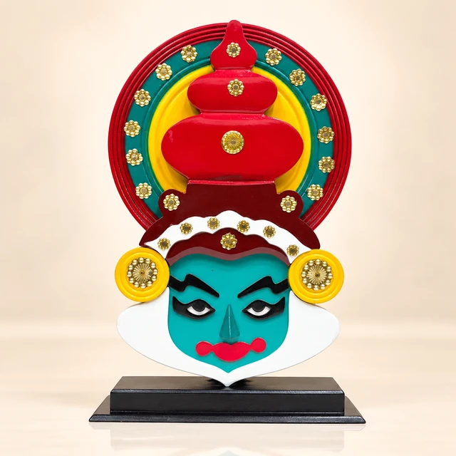 MDF Kathakali Face Table Stand with Colourful Headdress, 13 Inches High