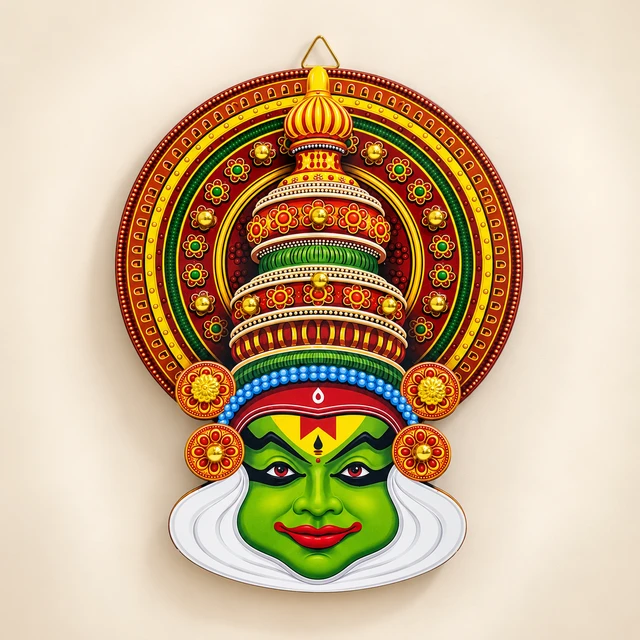 MDF Kathakali Face Wall Hanging with Alternate Crown Design, 10 Inches High