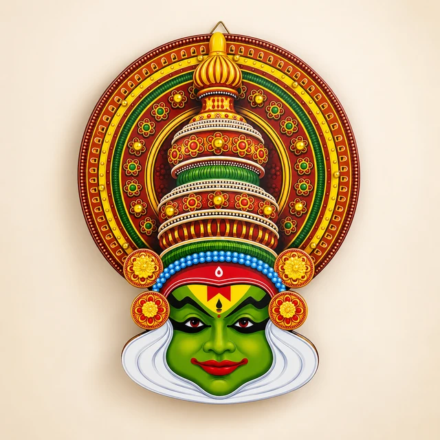 MDF Kathakali Face Wall Hanging with Alternate Crown Design, 12 Inches High