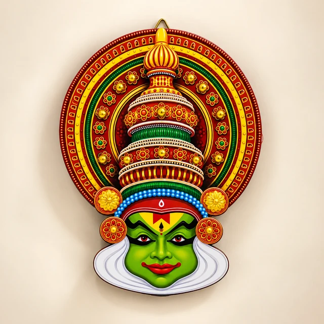 MDF Kathakali Face Wall Hanging with Alternate Crown Design, 6 Inches High