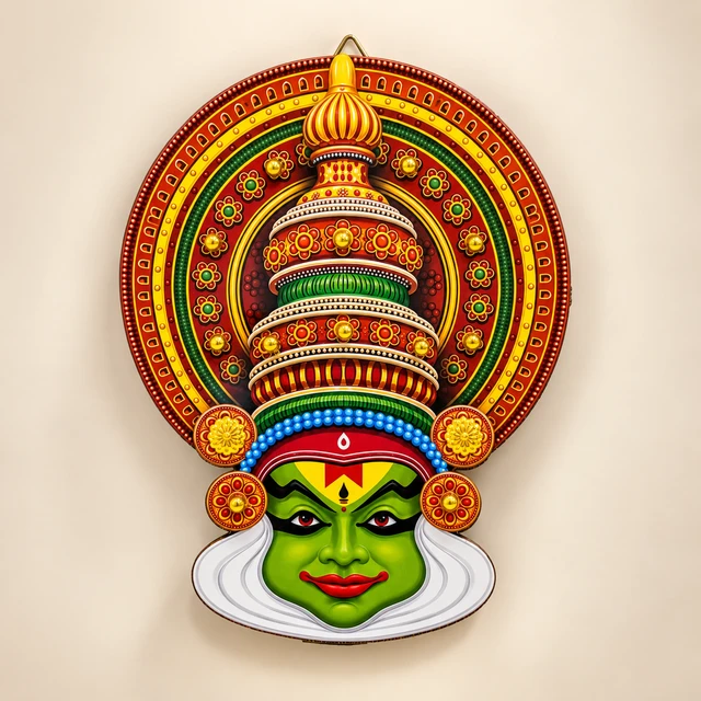 MDF Kathakali Face Wall Hanging with Alternate Crown Design, 8 Inches High