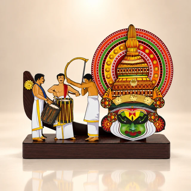 MDF Kathakali Head and Pooram Musicians Table Showpiece, 7.5 Inches High — complete product